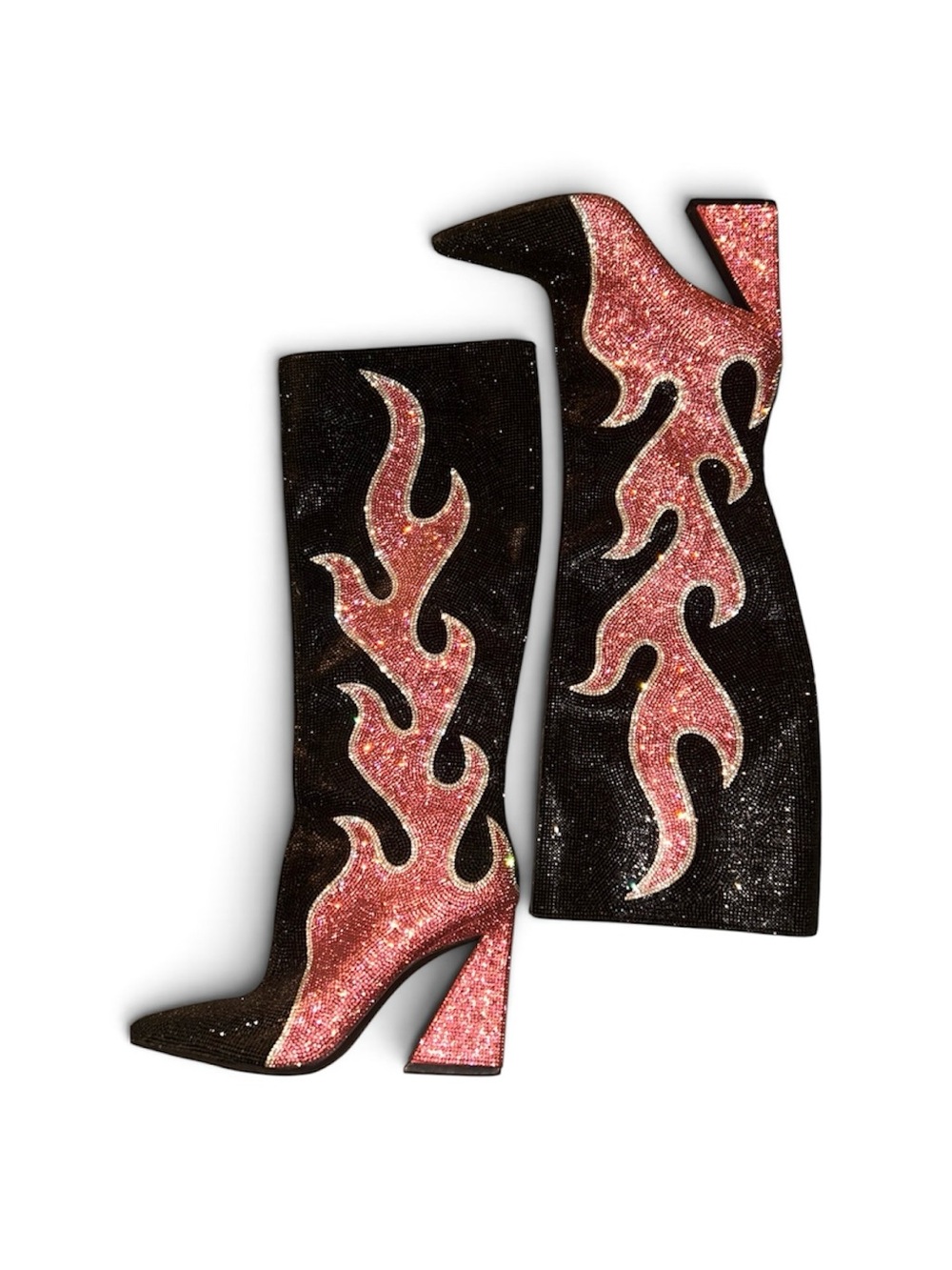 Gianni Bini Black Knee Boots with Pink Glitter Flame Detail